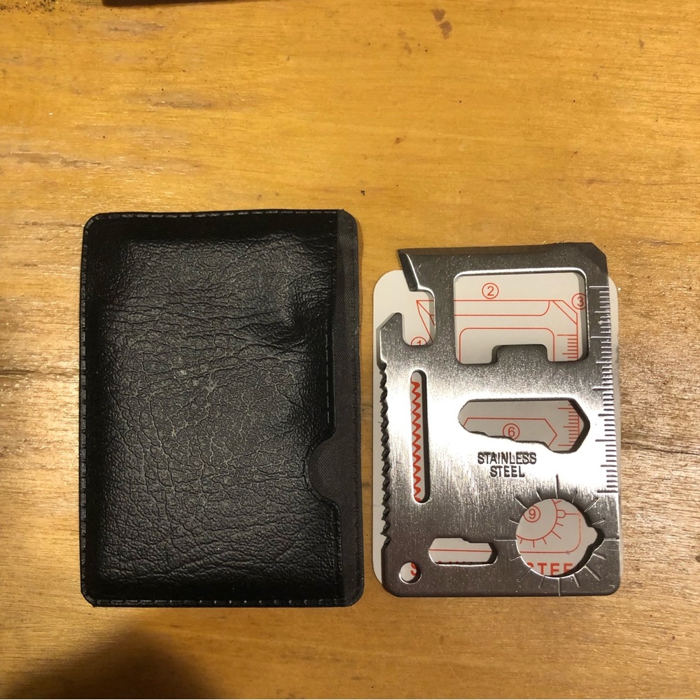 Stainless steel wallet survival tool and water bottle holder